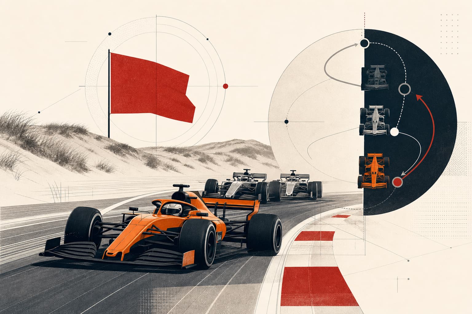 Stilisierte Formel-1-Rennszene auf der Dünenstrecke: ein McLaren an der Spitze, dahinter zwei Mercedes-Fahrzeuge; im Hintergrund angedeutete rote Flagge und Rennunterbrechung.