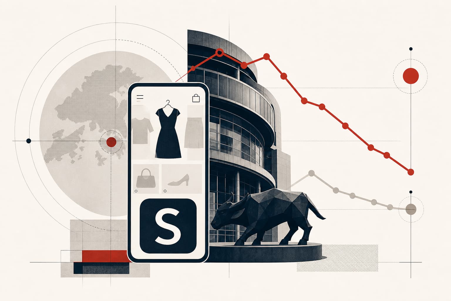 Eine stilisierte Hongkonger Börsenfassade oder ein Börsenkurs-Display kombiniert mit einem klar erkennbaren Shein-Logo beziehungsweise einer abstrahierten Online-Modeplattform; im Vordergrund Angebotsdaten wie Preisspanne und geplantes Mill.