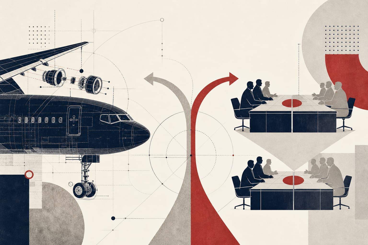 Stilisierte, geteilte Luftfahrtkonstruktionszeichnung: links ein technisches Flugzeugprofil mit lose verbundenen Bauteilen, rechts zwei einander gegenüberstehende Verhandlungstische.