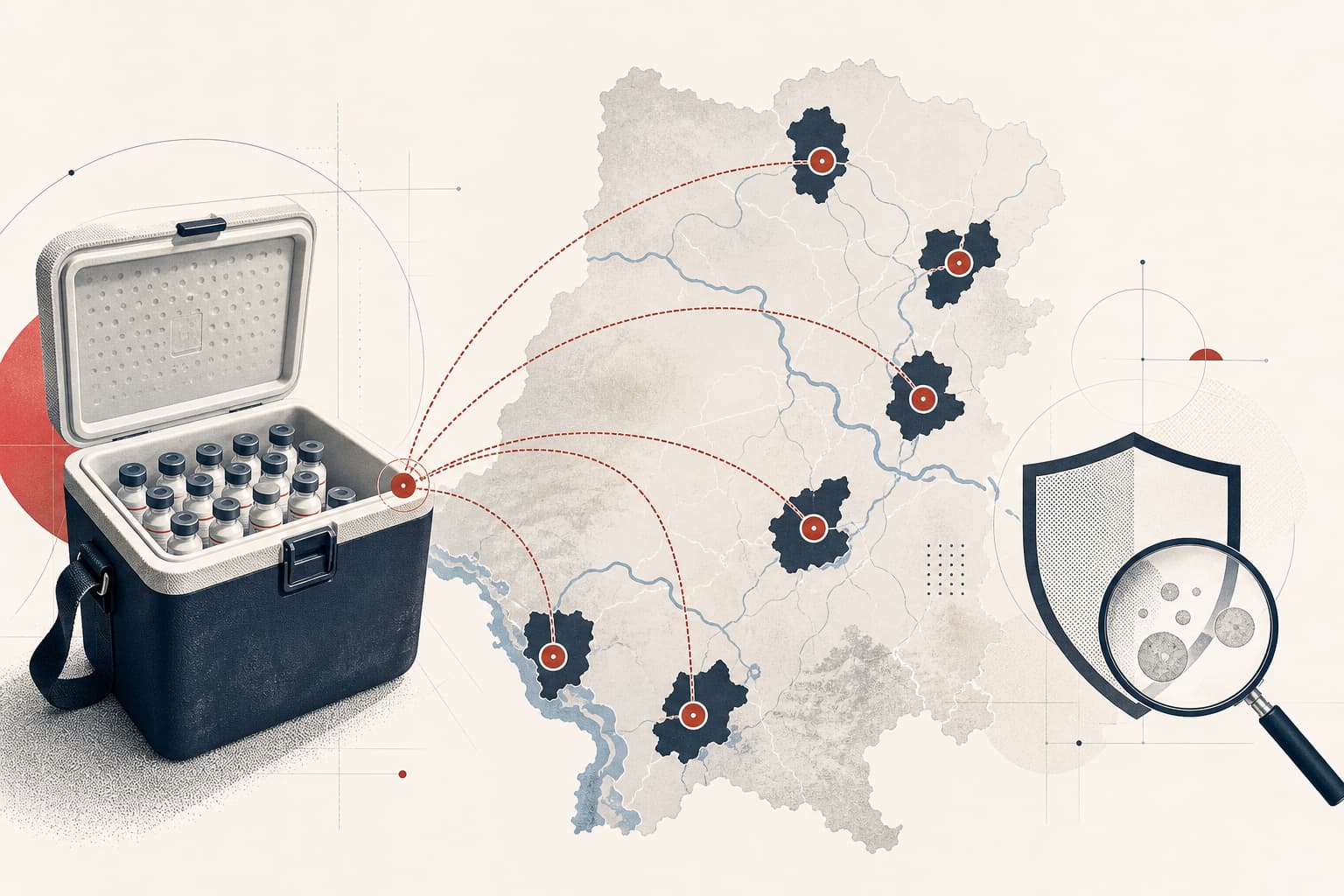 Redaktionelle Illustration mit einer Kühlbox voller neutral dargestellter Impfstoffampullen, die über stilisierte Fluss- und Straßenverbindungen in sechs abstrakte Regionen des Landes führt.