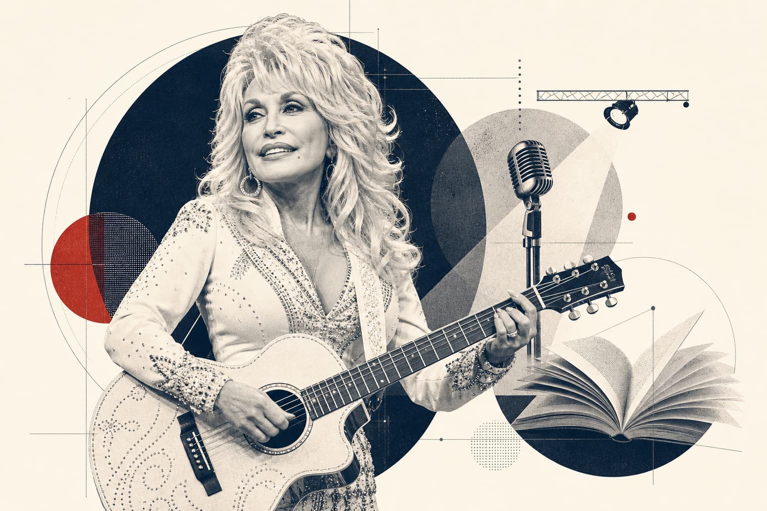 Belegtes Presse- oder Archivporträt von Dolly Parton auf der Bühne oder bei einem öffentlichen Auftritt, idealerweise mit charakteristischem Bühnenlook und Instrument.