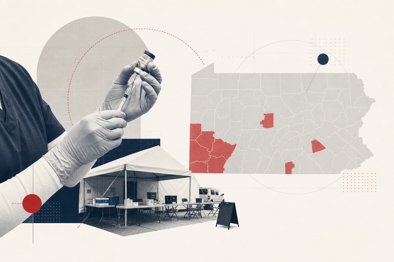 Dokumentarische Aufnahme einer mobilen MMR-Impfaktion oder einer Impfklinik in Pennsylvania; medizinisches Personal bei der Impfstoffverabreichung, keine identifizierbaren Patientinnen und Patienten.
