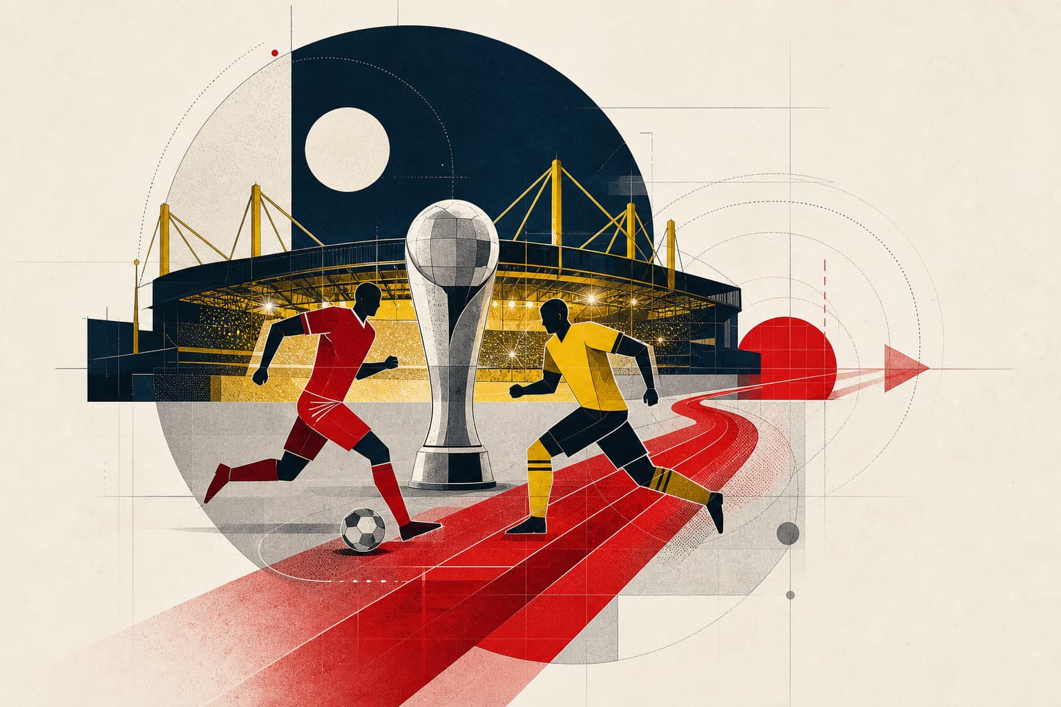 Stilisierte nächtliche Stadionkulisse in Gelb und Rot, mit zwei abstrakten Fußballspielern im Laufduell und einem silbernen Pokal als zentralem Symbol.