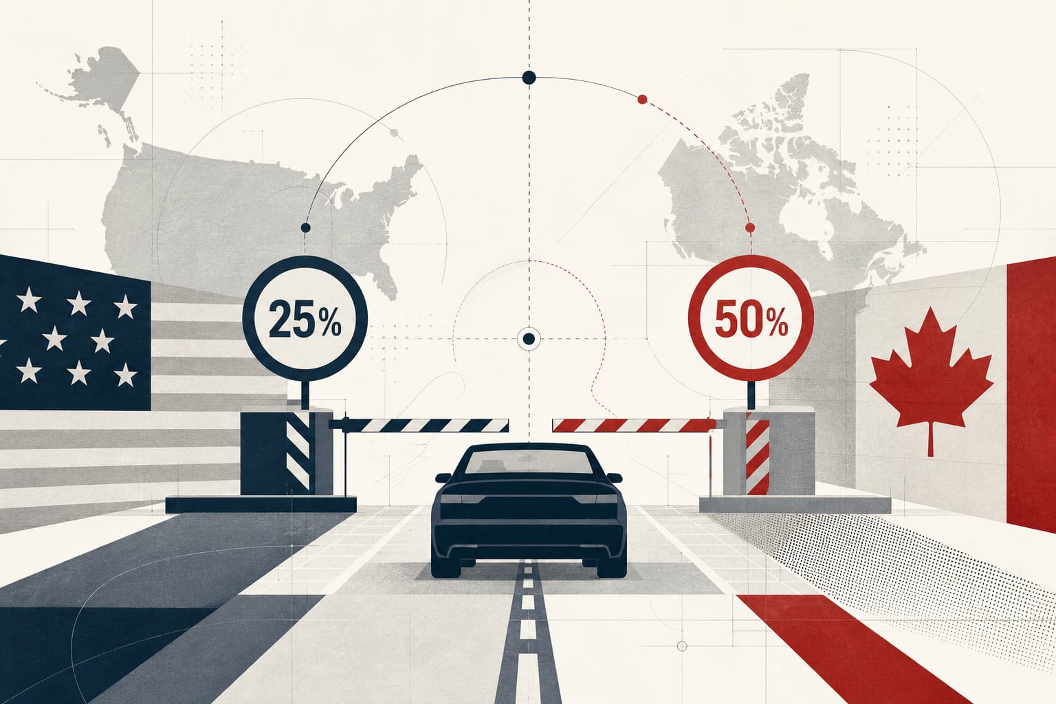 Eine sachliche, symbolische Darstellung der US-kanadischen Grenze mit einem Auto und klar getrennten Zollmarkierungen für 25 und 50 Prozent.