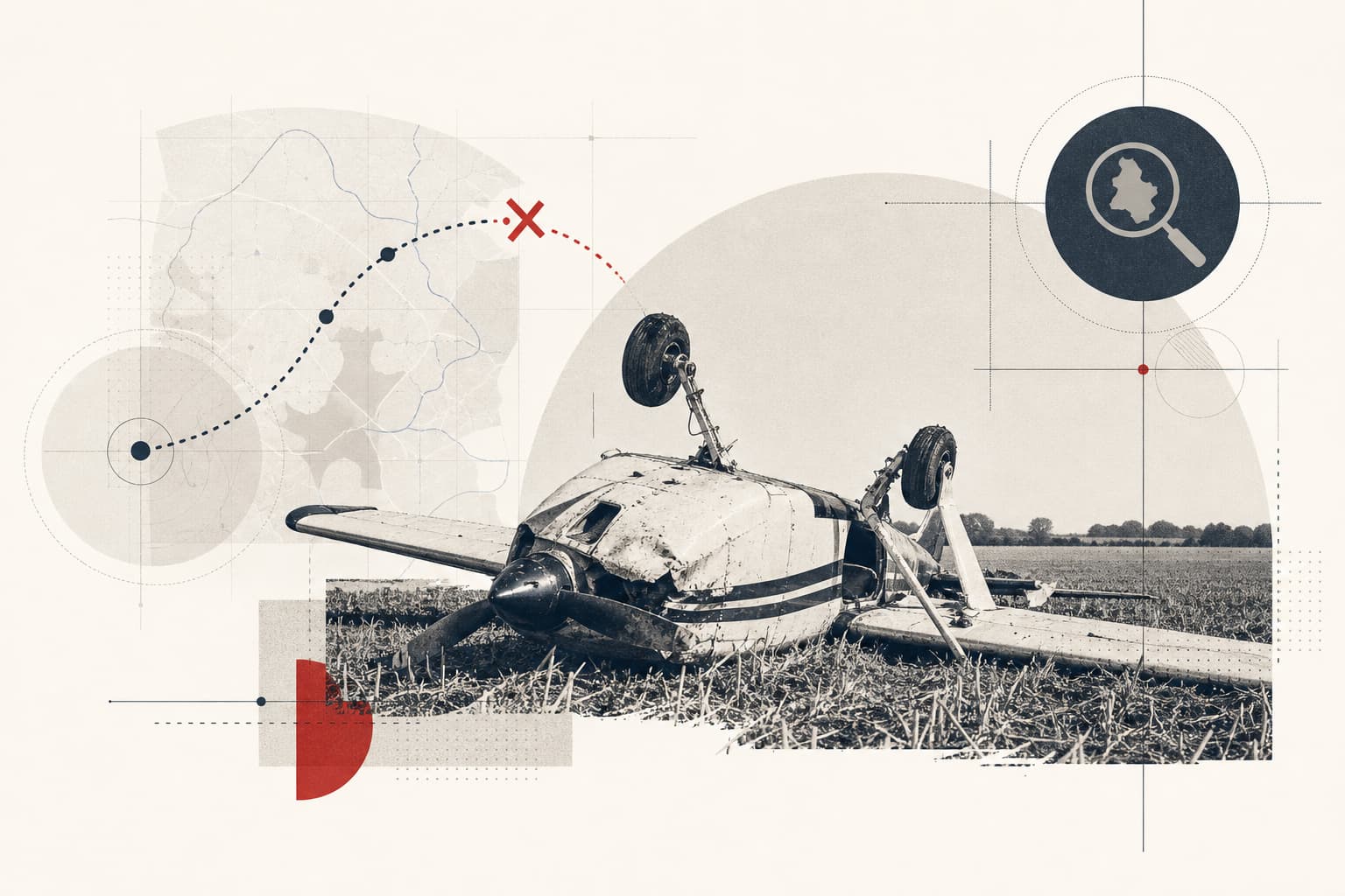 Eine beschädigte kleine Motorflugzeug-Maschine liegt nach dem Überschlag auf einem Feld; angedeutet werden die auf dem Boden aufliegende Flugzeugnase und das beschädigte Fahrwerk.