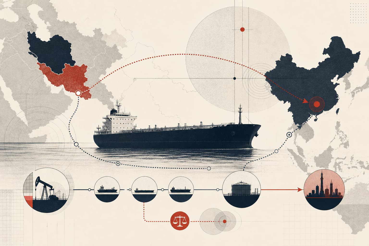 Ein Öltanker auf See mit angedeuteten Handels- und Sanktionsrouten zwischen Iran und China; zurückhaltende geopolitische Karten- oder Hafenatmosphäre, keine dramatische Kriegsdarstellung.
