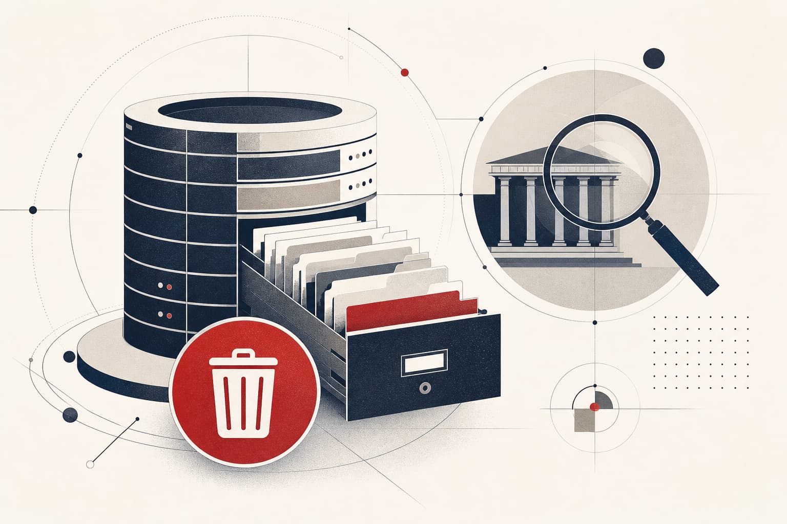 Neutrale Symbolillustration mit einer Auskunftei-Datenbank, archivierten Dokumenten und einem Datenschutz- beziehungsweise Löschsymbol.