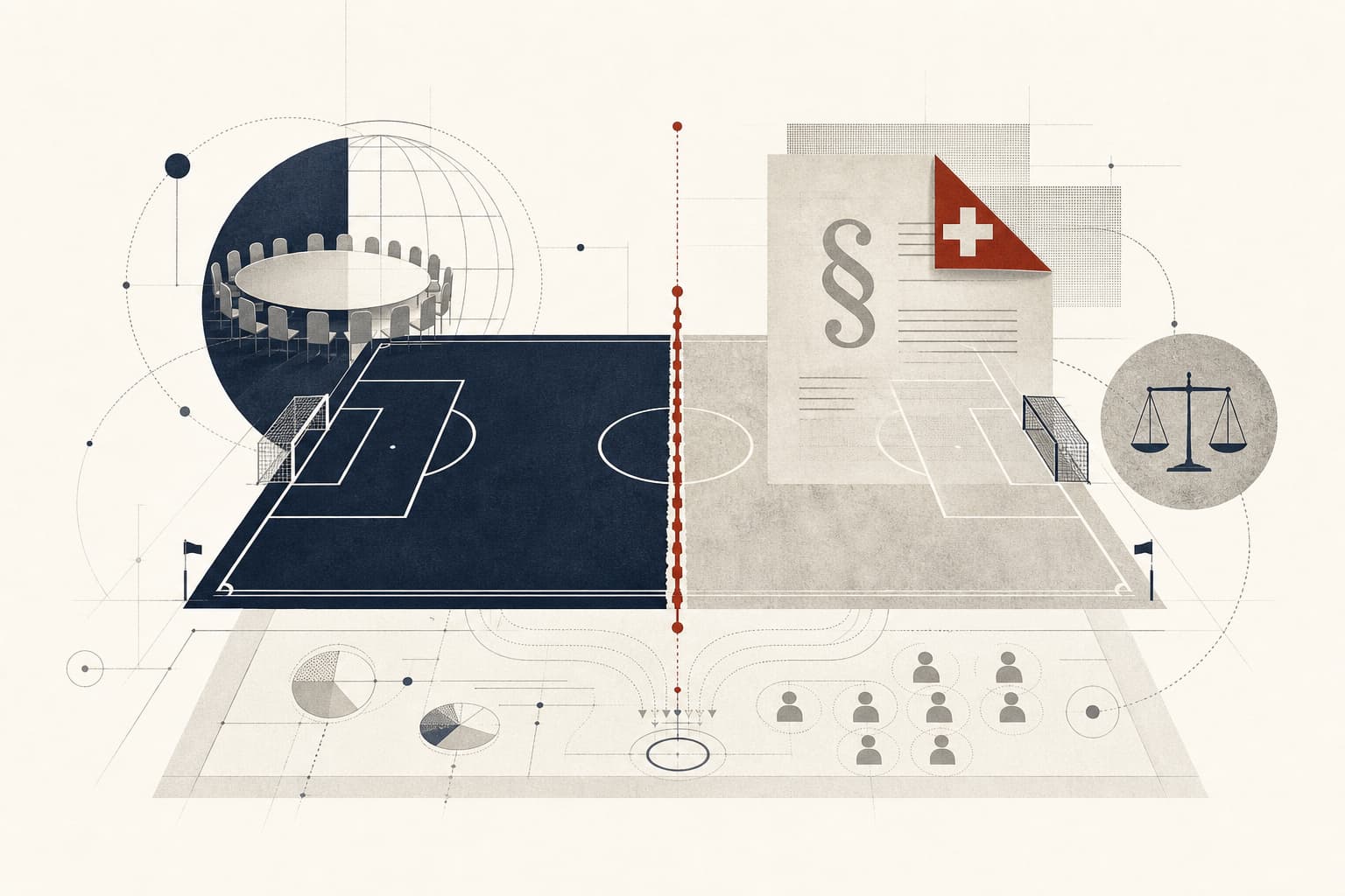 Stilisierte KI-generierte redaktionelle Illustration zum Artikel „UEFA bereitet Strafanzeige gegen FIFA-Präsident Infantino vor“.