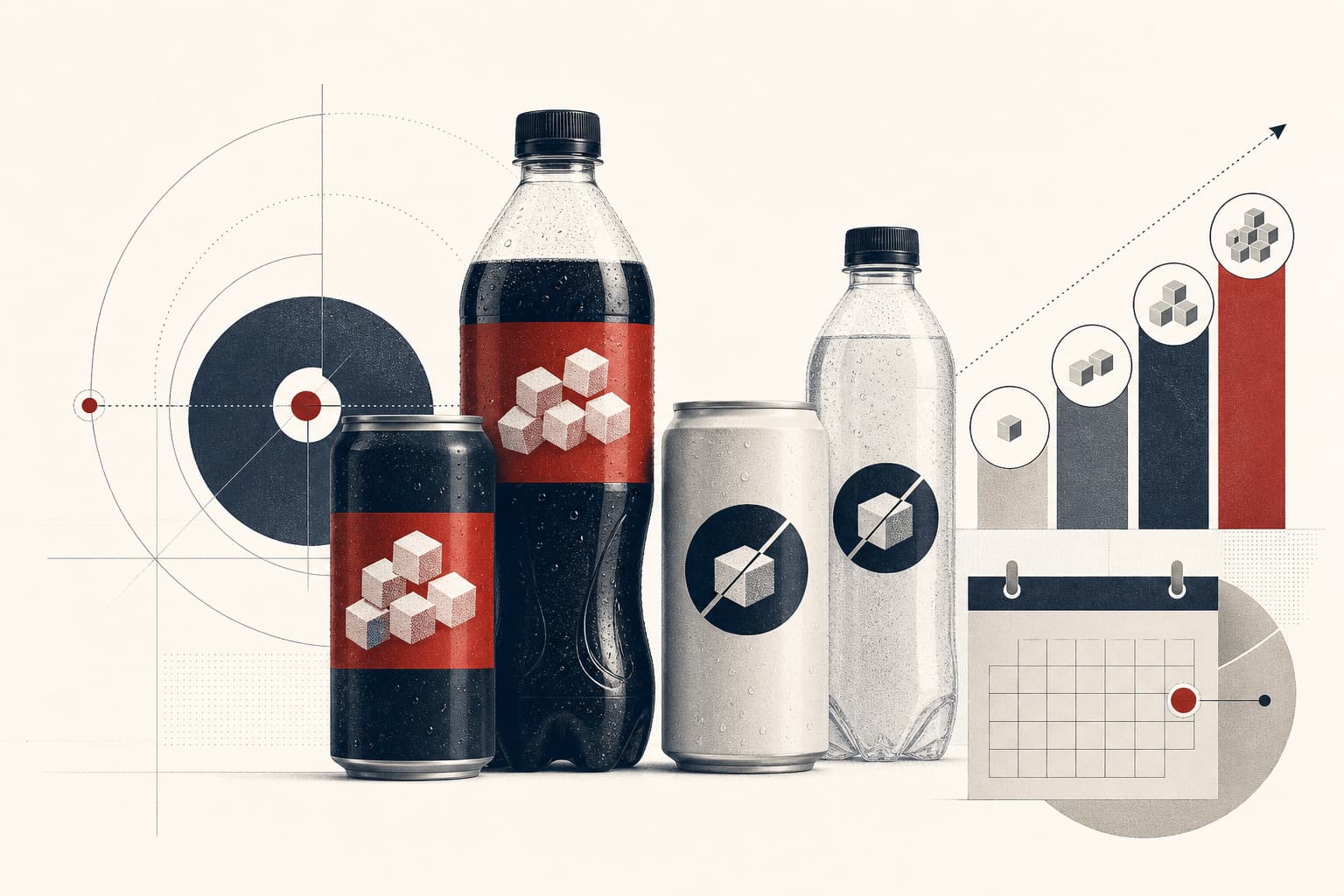 Eine klare, sachliche Illustration mit unterschiedlich beschrifteten Getränkedosen oder -flaschen: zuckerhaltige Limonade neben einer Zero-Variante, ergänzt um ein neutrales Symbol für eine Abgabe beziehungsweise Staffelung.