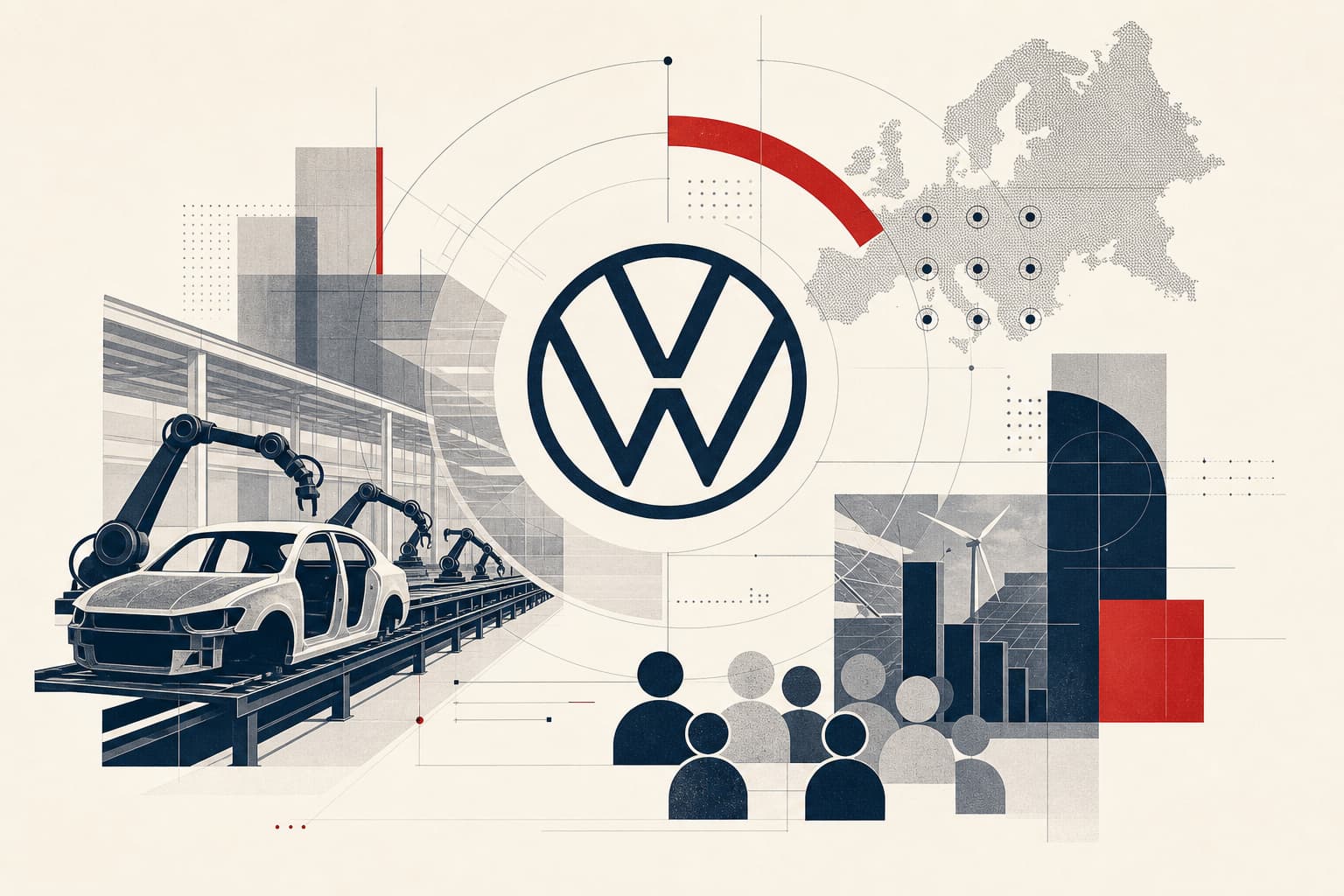 Eine sachliche, symbolische VW-Konzern- und Werkslandschaft im Übergang: angedeutete Produktionshalle, stilisierte Montage- oder Transformationslinien und ein klarer Hinweis auf den Zeitraum bis 2030.
