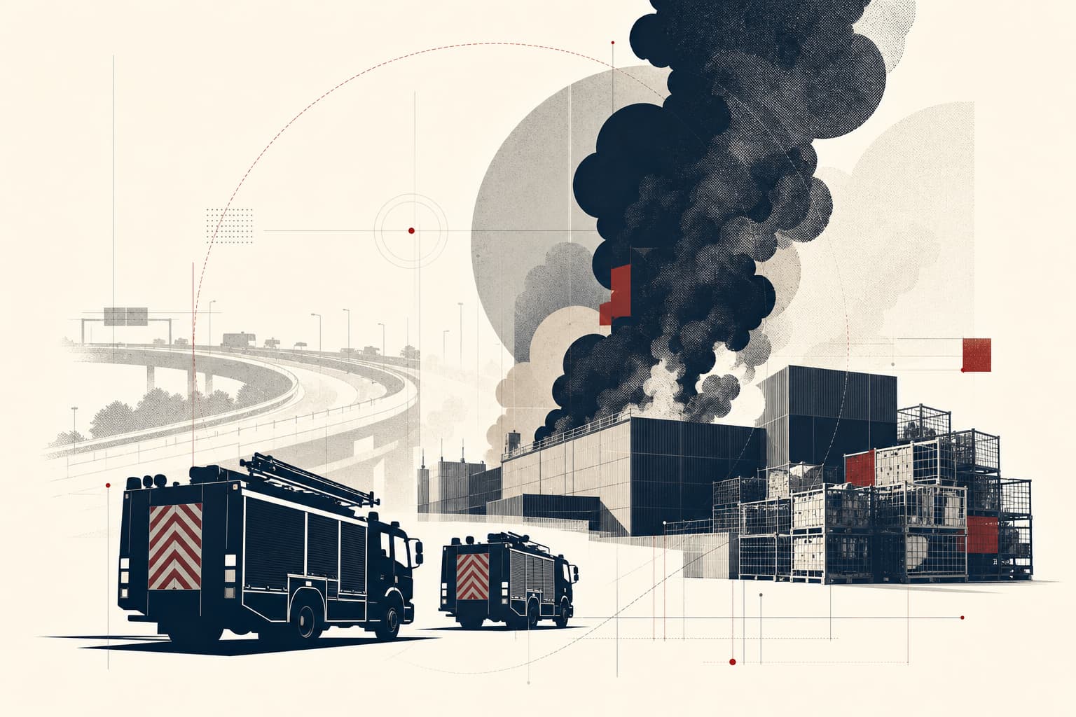 Redaktionelle Illustration einer dunklen Rauchsäule, die aus einem abstrahierten Hallenkomplex und gestapelten Gitterboxen aufsteigt; im Vordergrund zwei Löschfahrzeuge als klare Silhouetten.