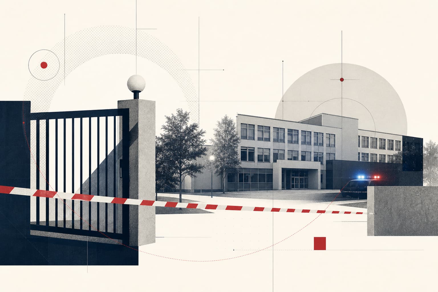 Stilisierte KI-generierte redaktionelle Illustration zum Artikel „Zwei Tote nach Gewalttat an Schule in Brandenburg – 19-Jähriger vorläufig festgenommen“.