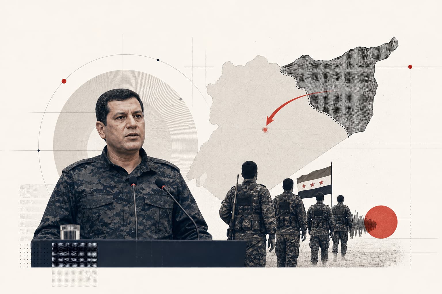 Mazloum Abdi bei seiner im Präsidentenpalast in Damaskus übertragenen Erklärung oder eine belegte Szene zur formellen Integration von SDF-Einheiten in die syrische Armee.