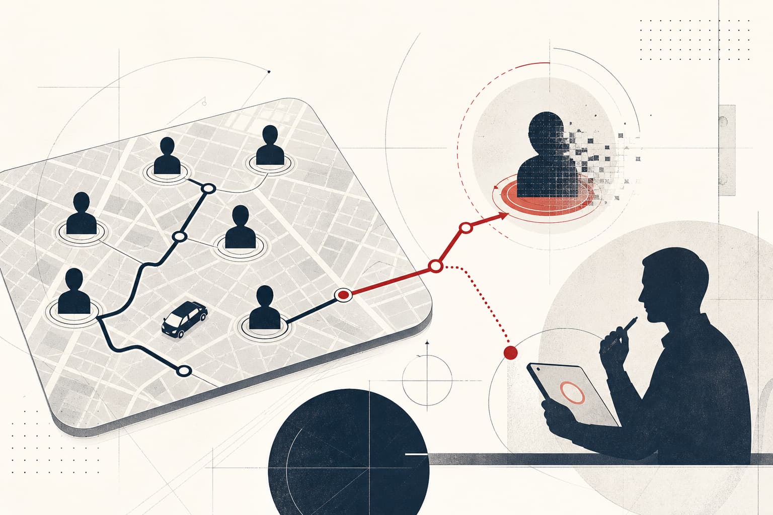 Eine stilisierte Fahrdienst-Karte mit mehreren neutralen Fahrer-Silhouetten; eine einzelne Silhouette wird von einem abstrakten Algorithmuspfad von der Karte getrennt, während daneben eine menschliche Prüf-Silhouette erscheint.
