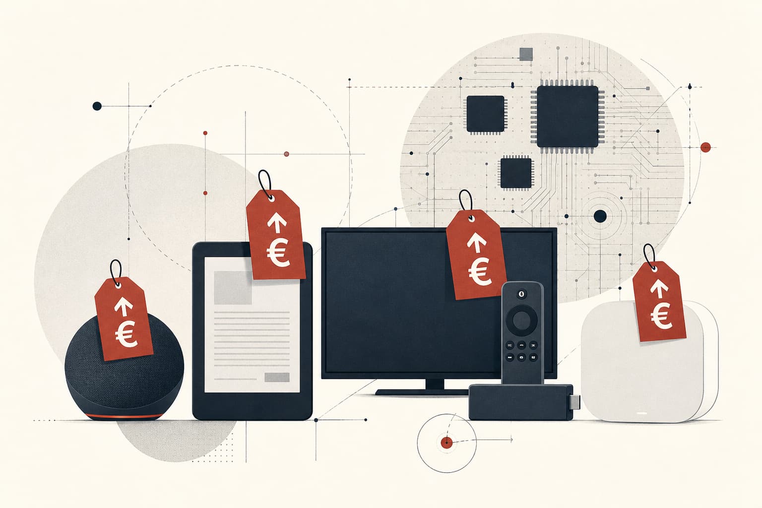 Eine reduzierte, sachliche Illustration mehrerer Amazon-Geräte mit klar erkennbaren, nach oben gerichteten Preisetiketten in Euro; keine konkrete Shopansicht oder erfundene Produktseite.