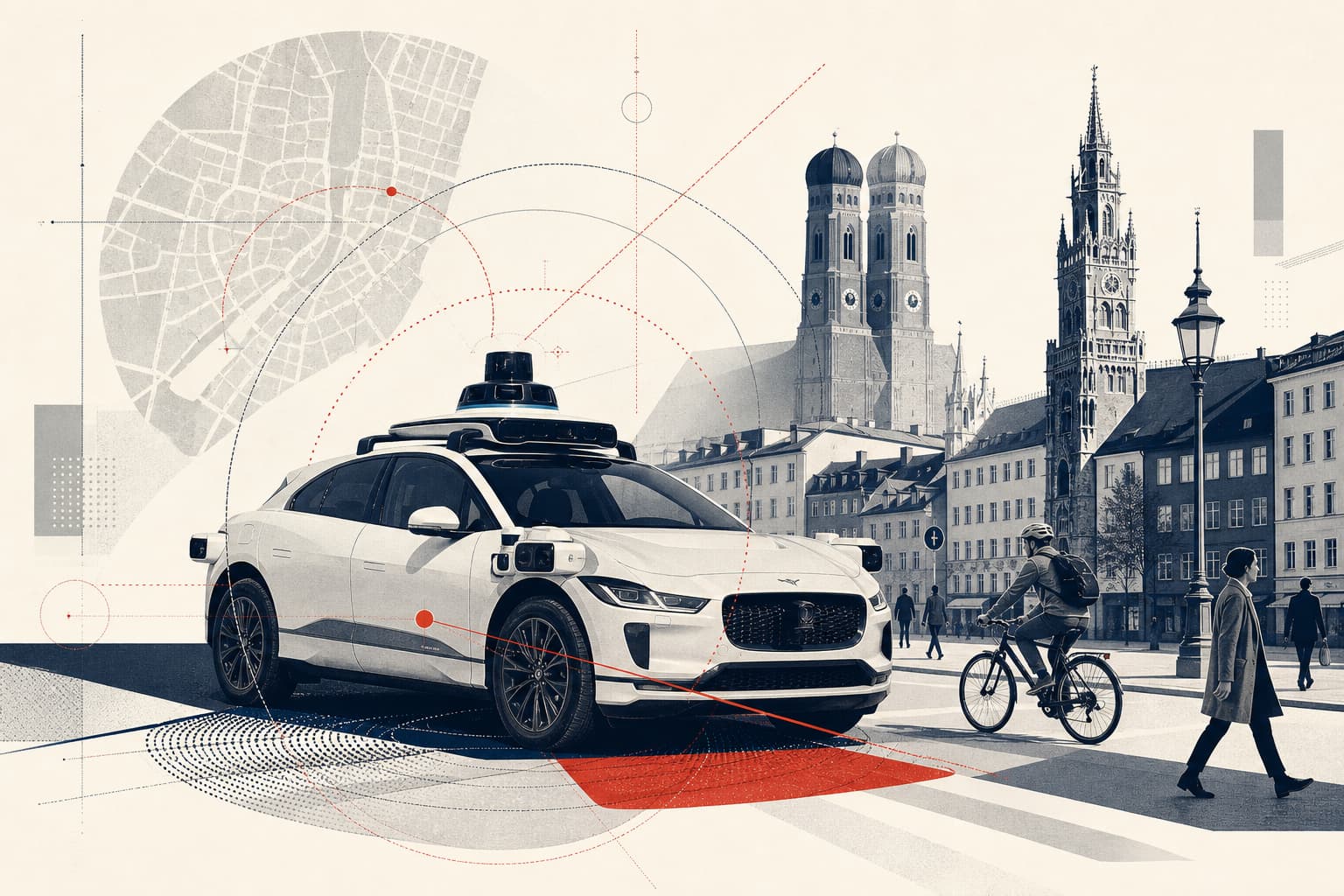Ein Waymo-Fahrzeug im Münchner Stadtverkehr, idealerweise mit erkennbarem urbanem Umfeld und ohne Darstellung eines bereits fahrerlosen kommerziellen Betriebs.
