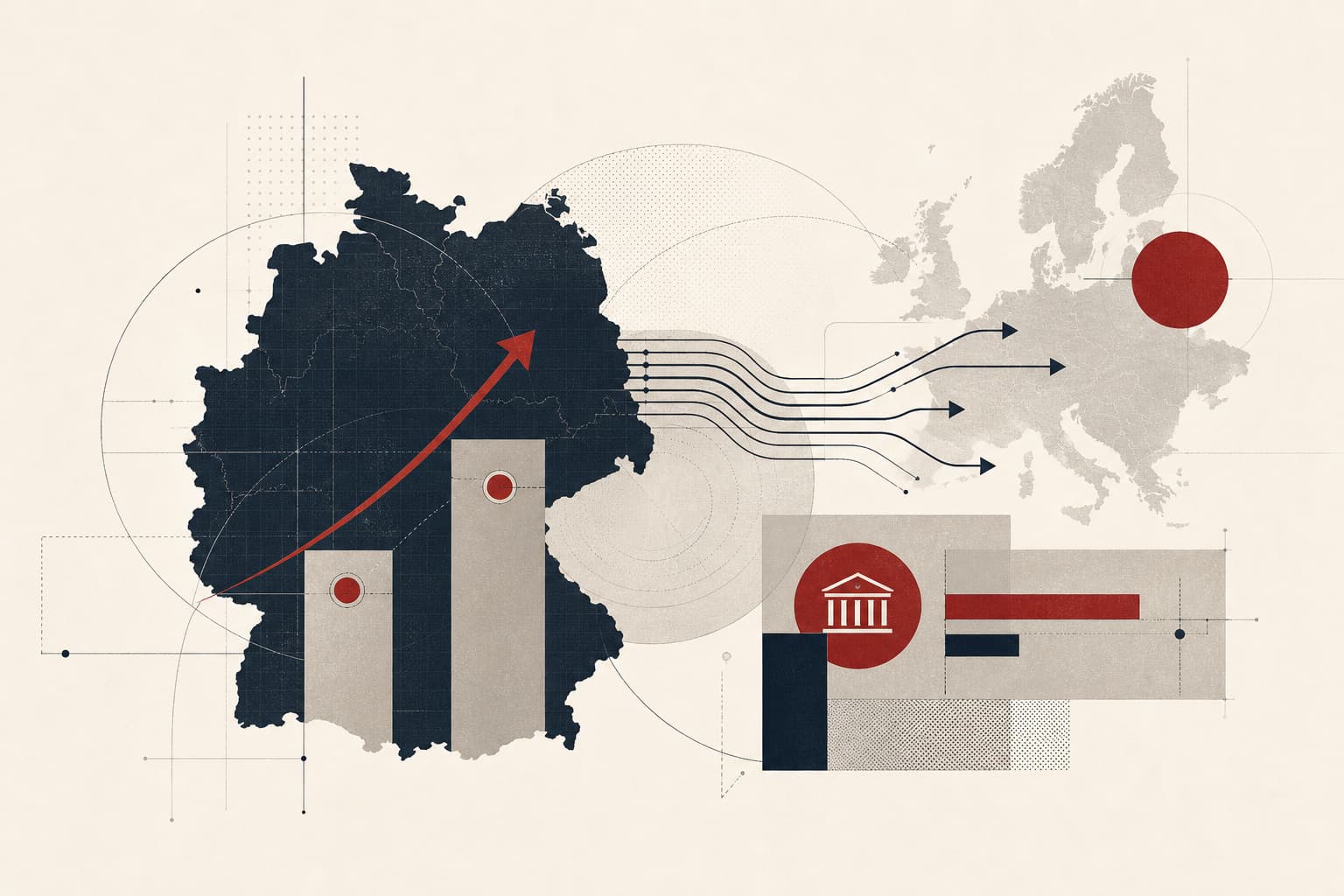Eine reduzierte, sachliche Wirtschaftsdarstellung mit einer klaren Aufwärtsbewegung von 0,2 auf 0,3 Prozent und stilisierten Exportströmen nach außen.