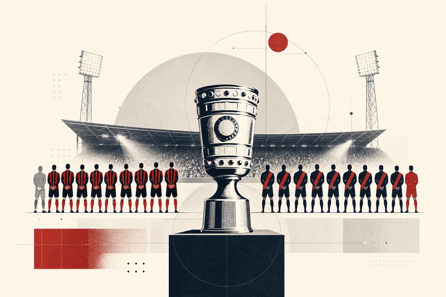 Stilisierte Flutlichtszene mit einem neutral gezeichneten Pokal im Vordergrund, zwei farblich klar getrennten Mannschaftsformationen in Rot-Schwarz und Schwarz-Rot vor einer abstrahierten Stadiontribüne.