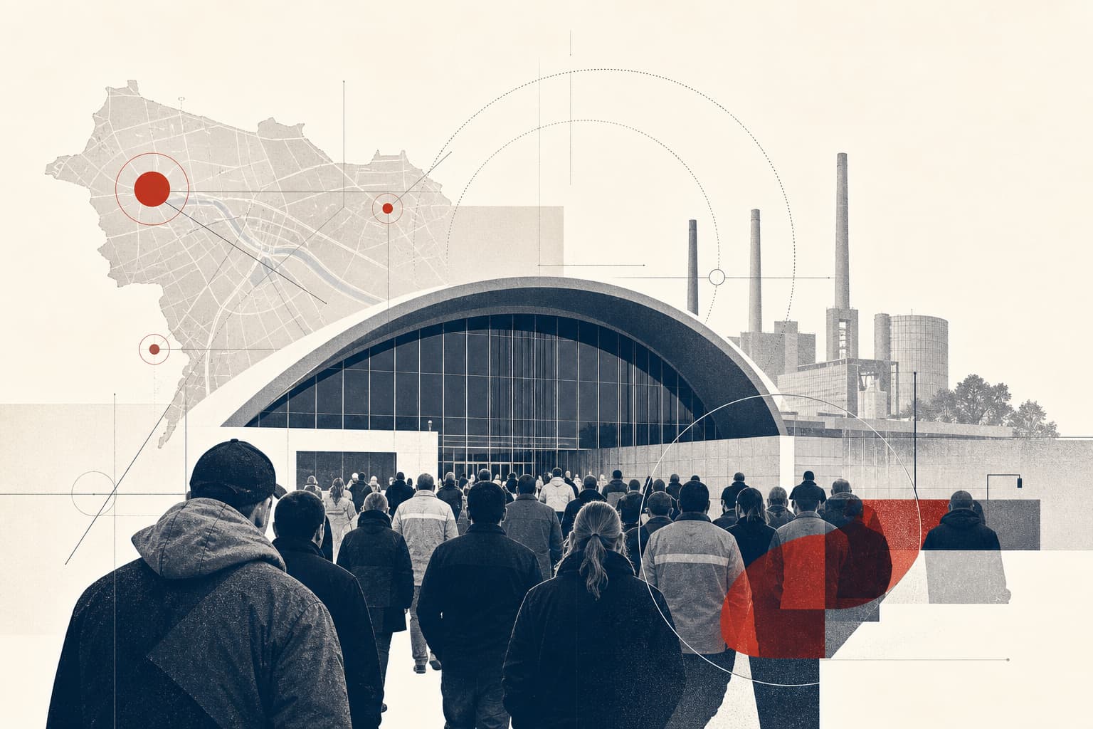 Beschäftigte vor oder in einer Volkswagen-Betriebsversammlungshalle in Wolfsburg; eine Menschenmenge und die Werk- bzw. Konzernkulisse sollten erkennbar sein.