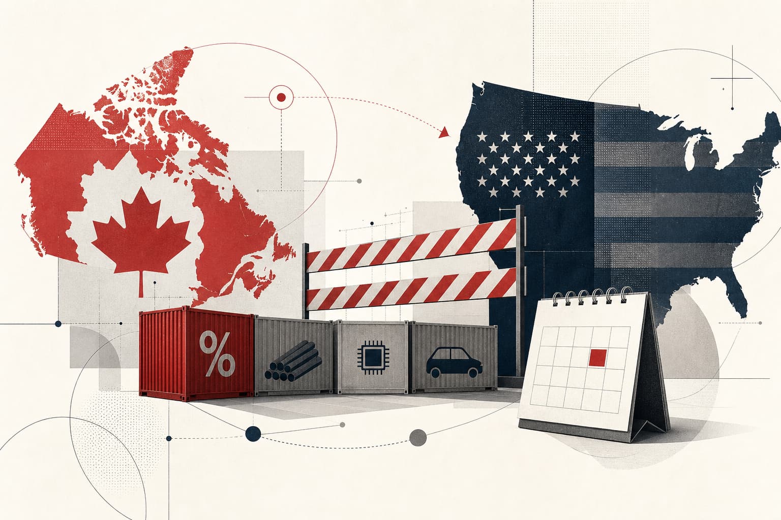 Eine sachliche, symbolische Darstellung der Handelsbarriere zwischen Kanada und den USA: zwei klar erkennbare nationale Farbräume, getrennt durch stilisierte Zollmarkierungen oder Warenkisten mit neutralen Prozent- und Datumsangaben.