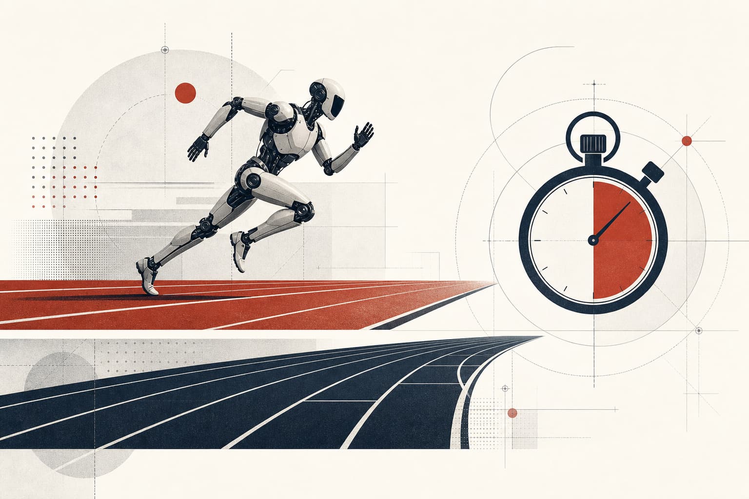 Redaktionelle Illustration eines dynamisch laufenden humanoiden Roboters auf einer abstrahierten Tartanbahn; daneben eine deutlich getrennte Stoppuhr-Silhouette als Symbol für den Zeitvergleich.