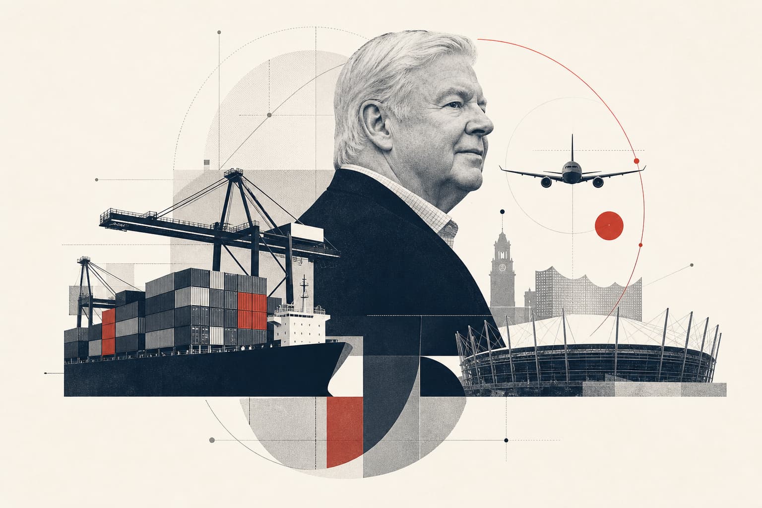 Eine sachliche, symbolische Illustration mit einem Container- und Hafenmotiv, verbunden mit einer dezenten Hamburger Stadion-Silhouette und einem zurückhaltenden Porträt-Element.