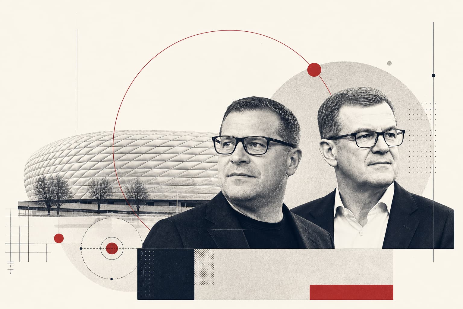 Offizielles oder neutrales Motiv von Max Eberl und Jan-Christian Dreesen im Kontext der Vereinsführung; alternativ eine sachliche FC-Bayern-Führungsszene.