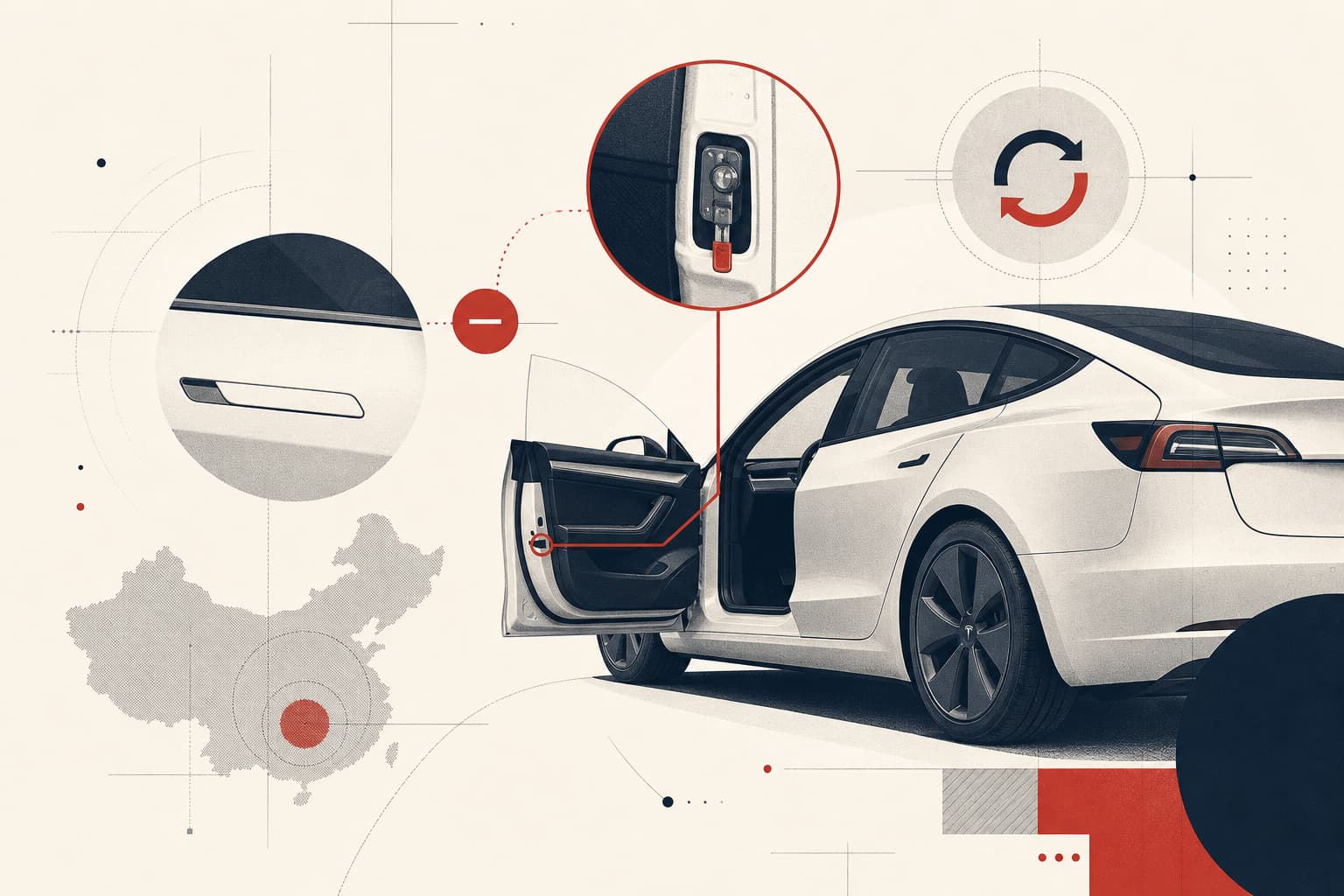 Eine reduzierte, sachliche Illustration eines Tesla-Fahrzeugs mit hervorgehobener Tür und einem klar erkennbaren Symbol für die mechanische Notentriegelung; dezente China-Bezüge können die Einordnung unterstützen.
