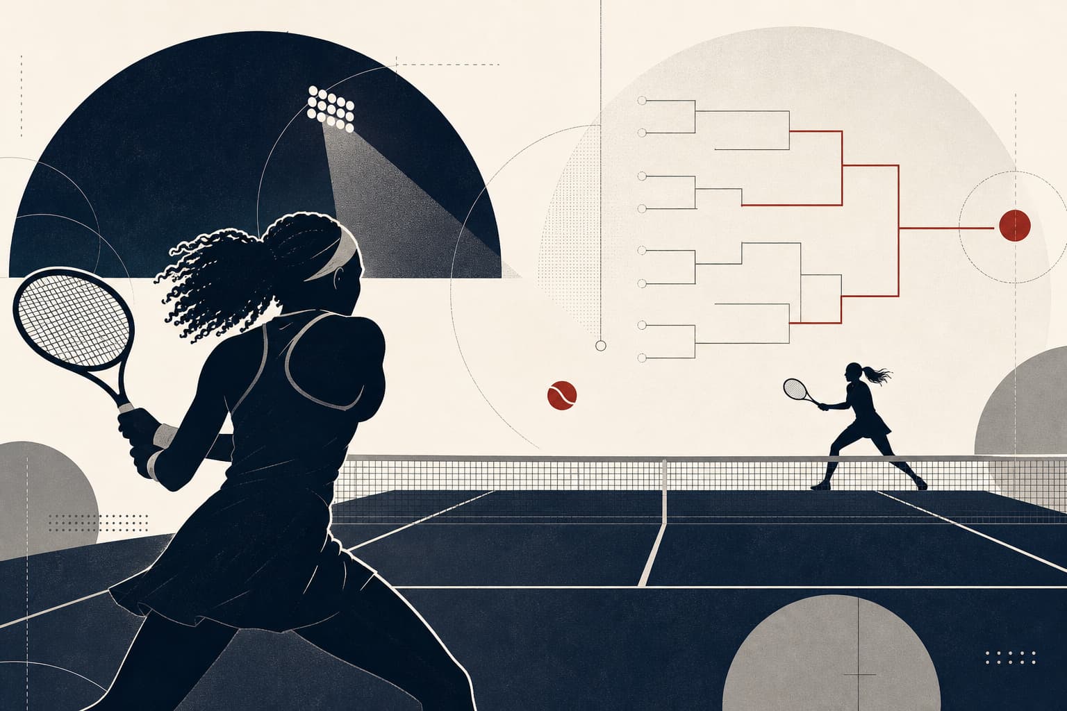 Stilisierte Hartplatz-Szene bei Nacht: zwei Tennisspielerinnen als dynamische, klar unterscheidbare Silhouetten auf gegenüberliegenden Grundlinien, im Zentrum ein Ball über dem Netz.