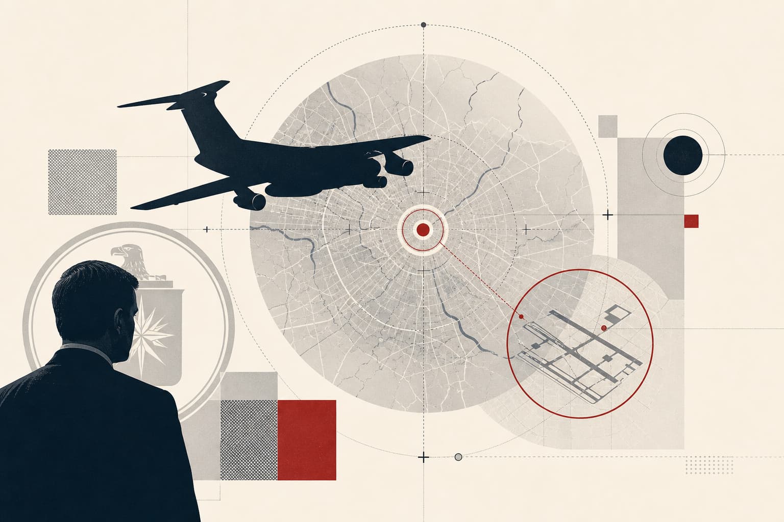 Eine sachliche, symbolische Illustration mit der Silhouette einer Boeing C-17 auf einer Moskau-Karte beziehungsweise über dem Flughafen Wnukowo; Ratcliffe kann als zurückhaltende, nicht-dokumentarische Figur oder über ein CIA-Signet.