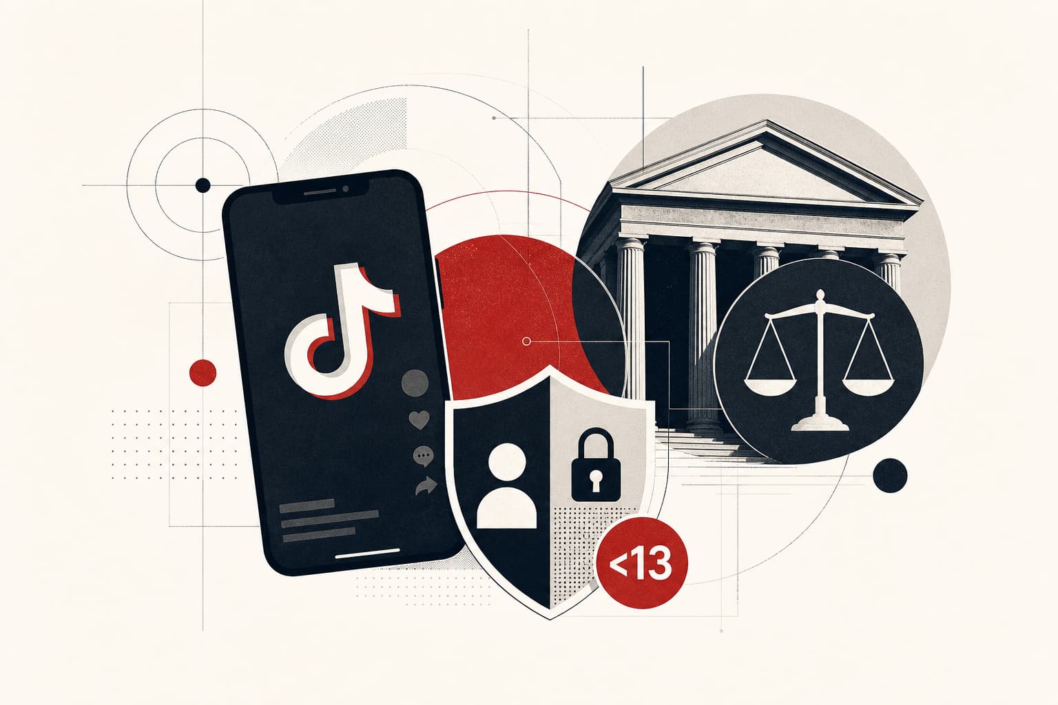 Eine stilisierte TikTok-Oberfläche oder ein Smartphone-Symbol trifft auf ein offizielles Justiz- oder Gerichtszeichen; im Zentrum steht die klar lesbare Summe „400 Mio. Dollar“.