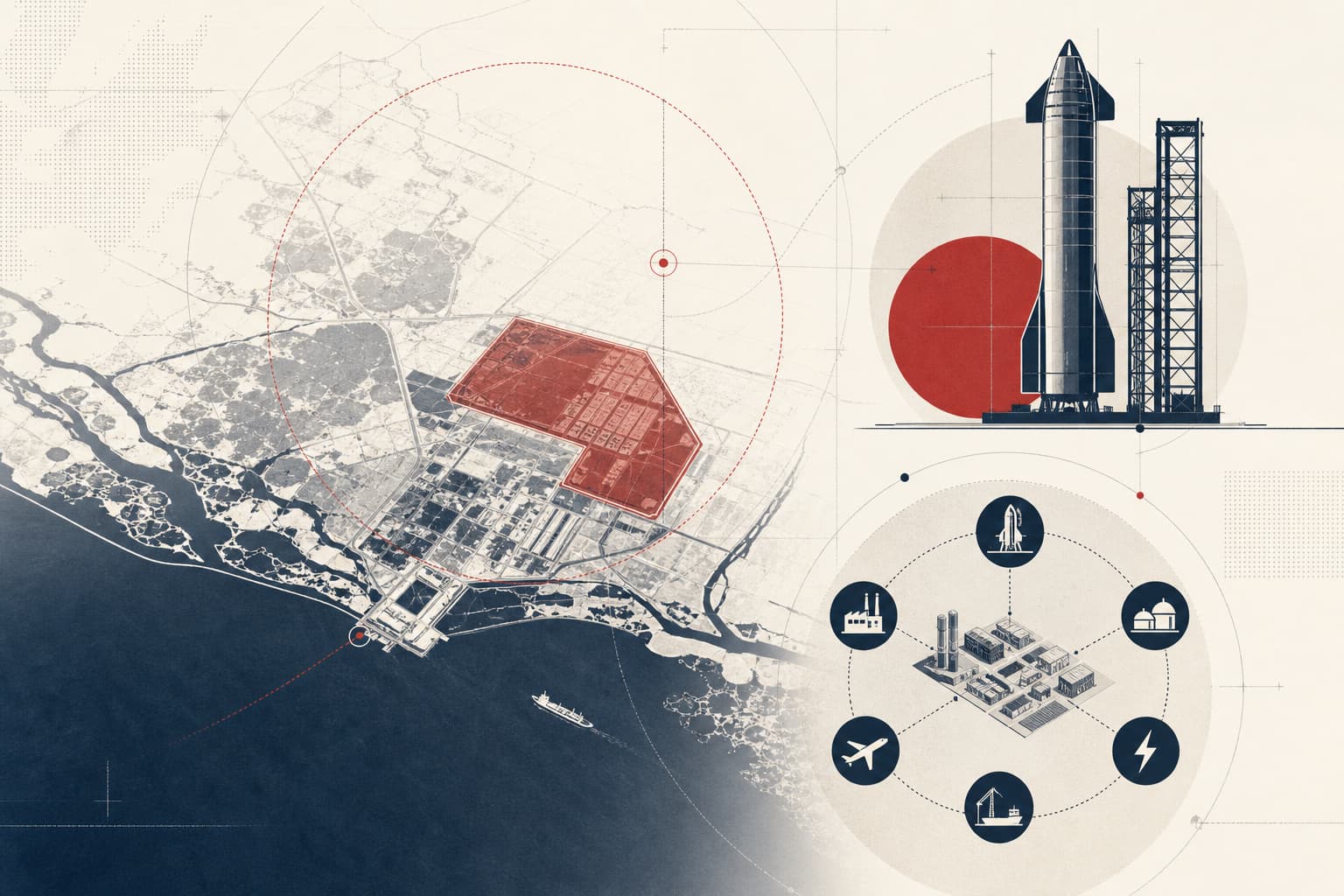 Eine sachliche Karten- oder Luftbildvisualisierung des früheren Exxon-Geländes an der Golfküste mit markierter geplanter Raumhafenfläche, ergänzt um schematische Starship-Silhouette und die Zeitleiste 2027/2029.