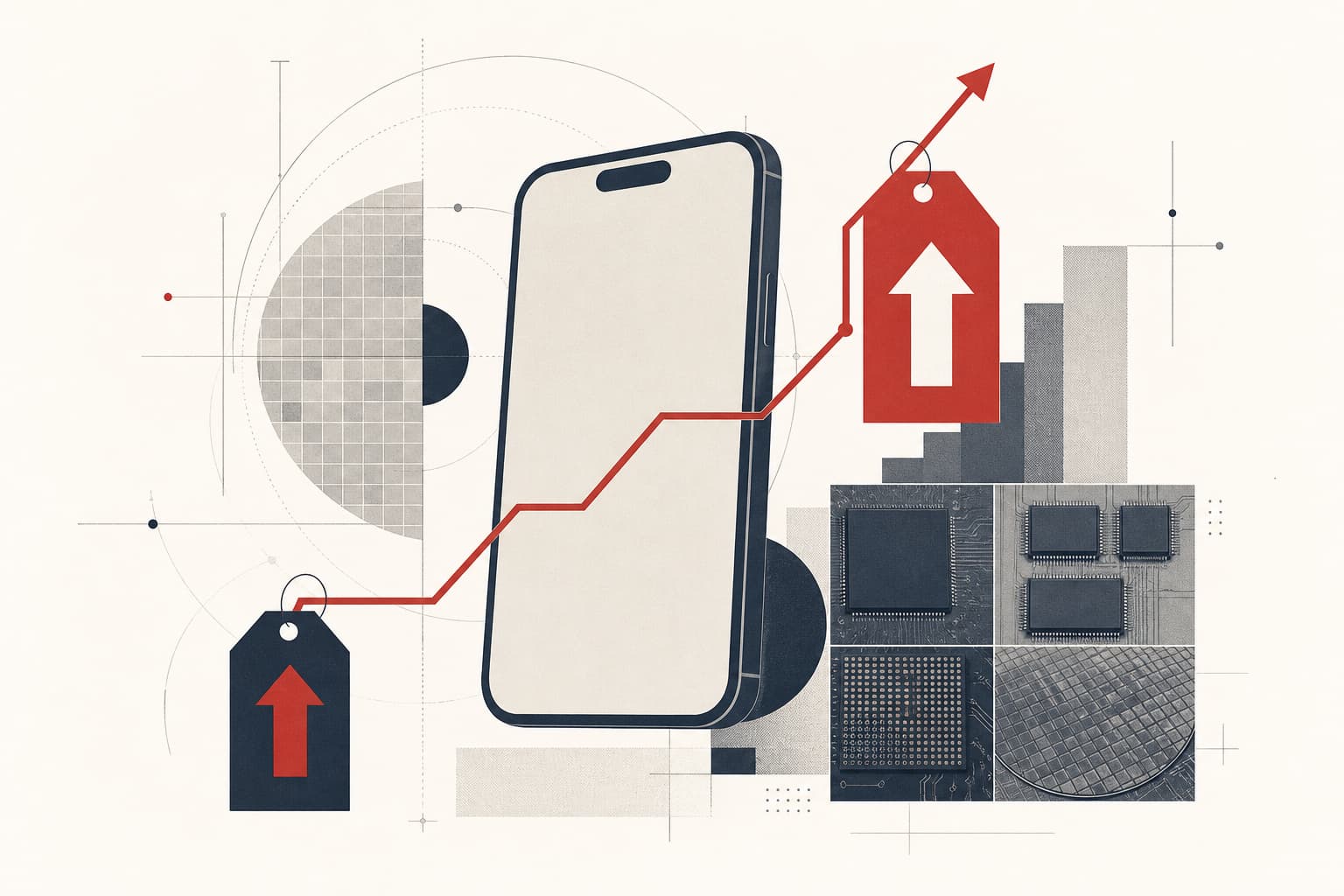 Ein stilisiertes, noch nicht veröffentlichtes iPhone-Silhouettenmotiv mit einem klar erkennbaren Preisschild beziehungsweise steigender Preislinie; Apple- und iPhone-Bezug ohne Darstellung eines angeblich echten Produktfotos.