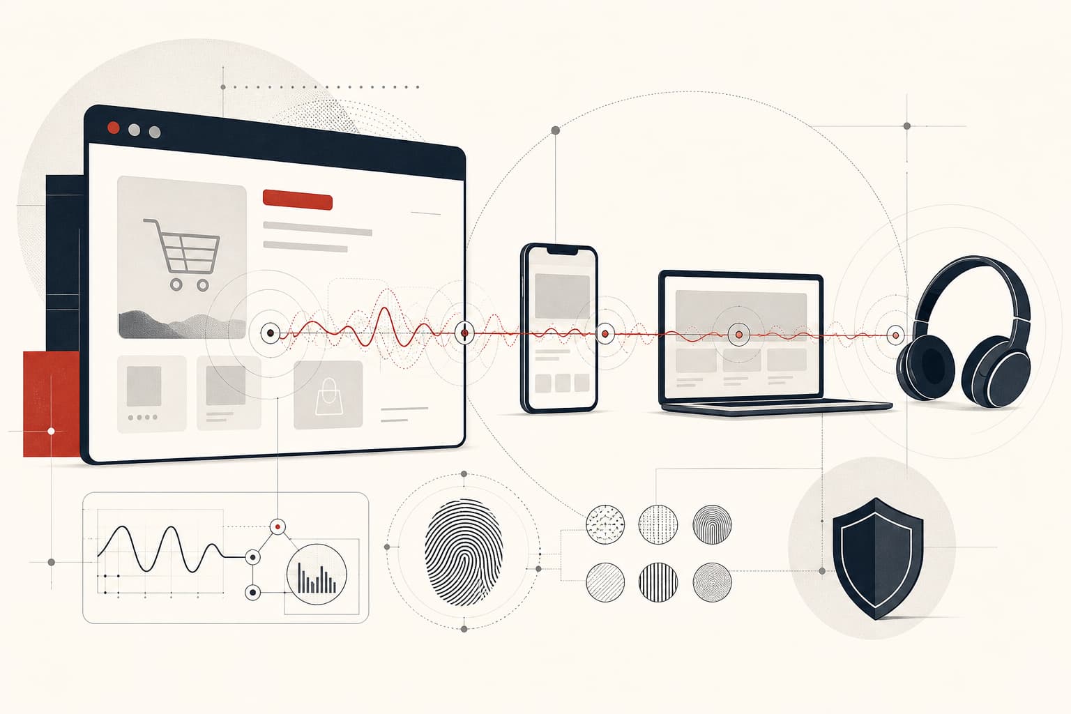 Eine stilisierte Browseroberfläche mit AliExpress-Seite, aus der unsichtbare, feine Audiowellen durch ein Smartphone, einen Computer und Bluetooth-Kopfhörer laufen; technische Messpunkte statt einer realen dokumentarischen Szene.