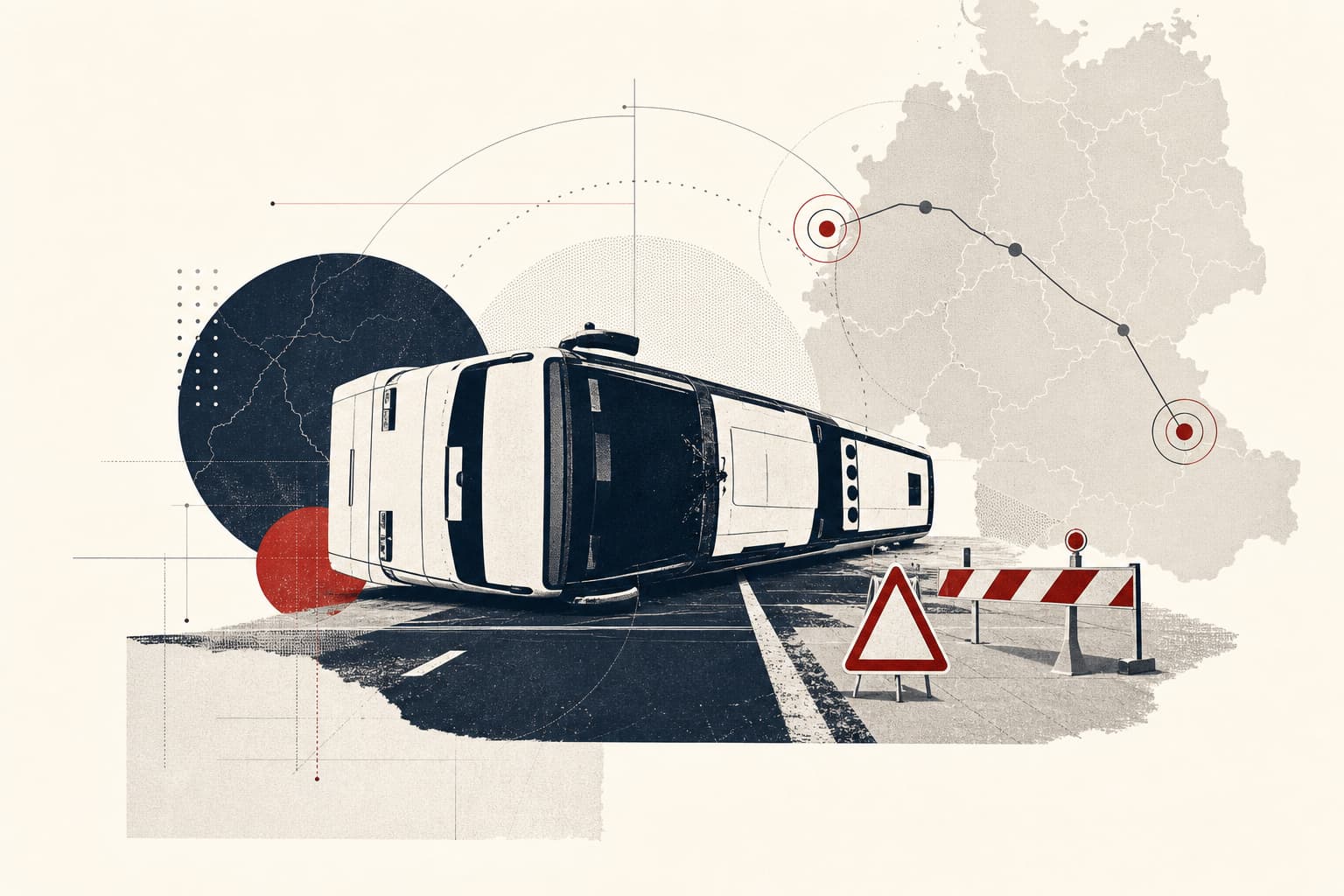 Eine umgekippte Reisebus-Silhouette auf einer niederländischen Autobahn, ergänzt durch zurückhaltende Rettungs- und Sperrzeichen; keine identifizierbaren Personen.