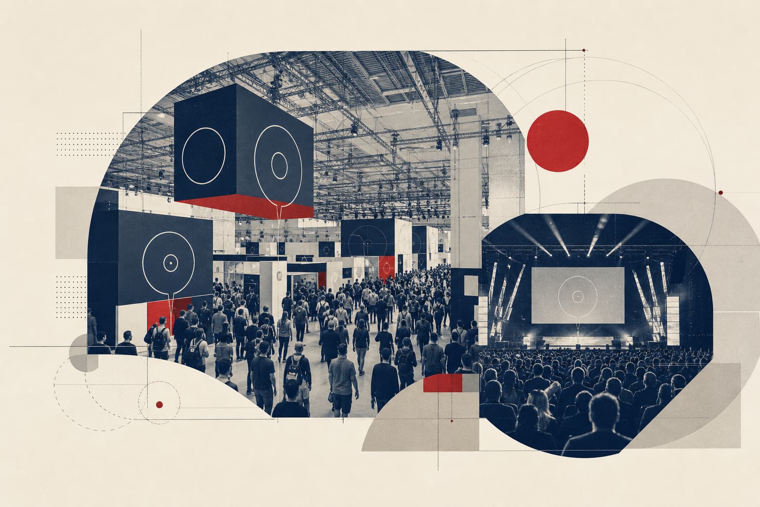 Weite Aufnahme einer voll besetzten Messehalle mit Gamescom-Beschilderung, Ausstellerständen und Besucherandrang.