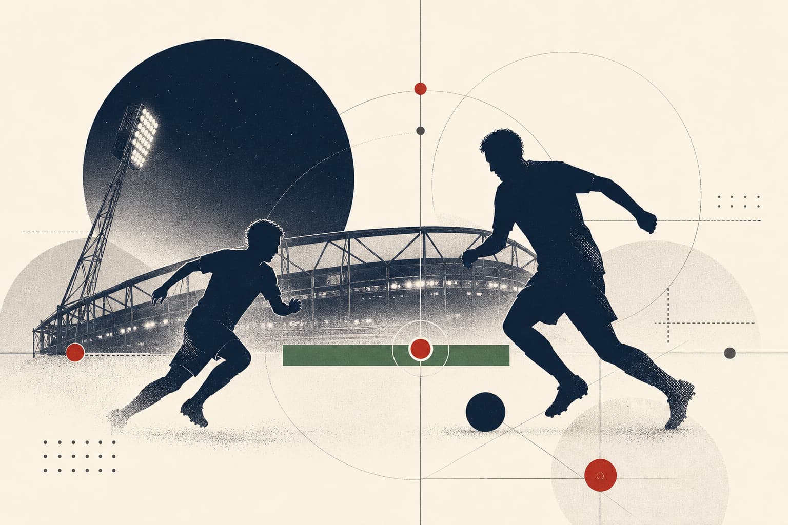 Stilisierte nächtliche Stadionansicht mit einem kleinen grünen Spielstandsbalken als abstraktem Element und zwei gegeneinander gerichteten, dynamischen Fußball-Silhouetten.
