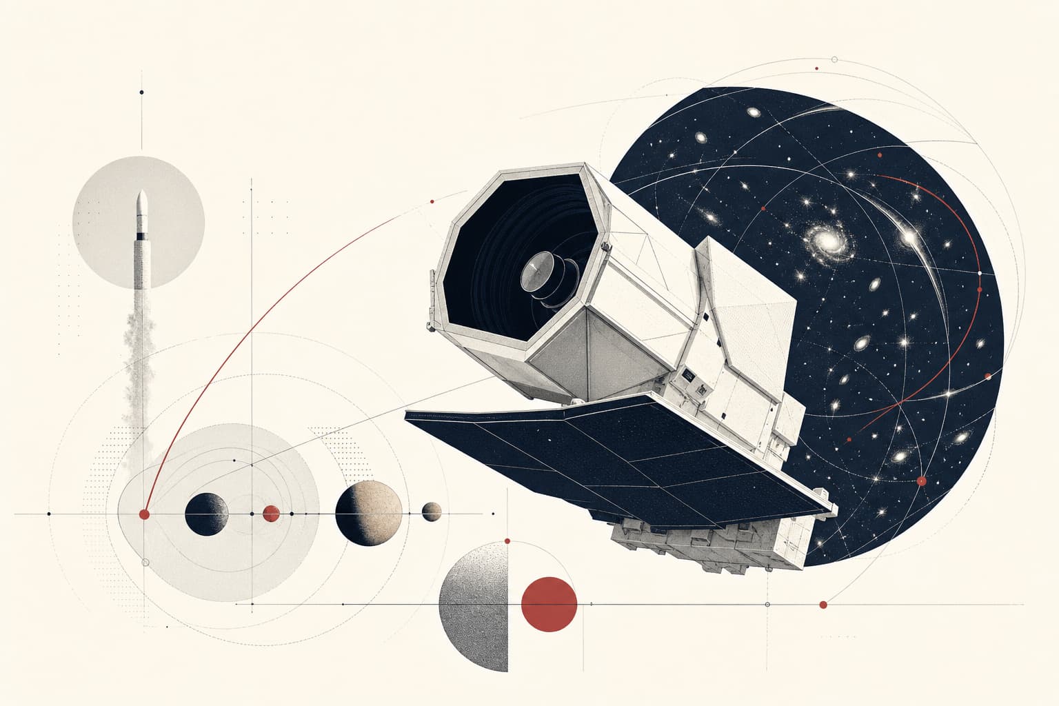 Stilisierte KI-generierte redaktionelle Illustration zum Artikel „NASA plant Start des Roman-Weltraumteleskops zur Erforschung der Dunklen Energie“.