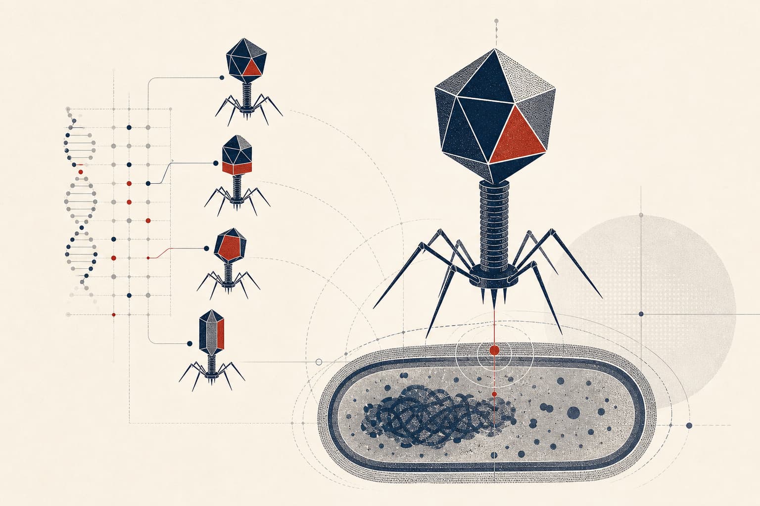 Editoriale Illustration eines stilisierten Bakteriophagen aus DNA-Bausteinen, der sich auf eine einzelne abstrahierte Bakterienzelle ausrichtet.