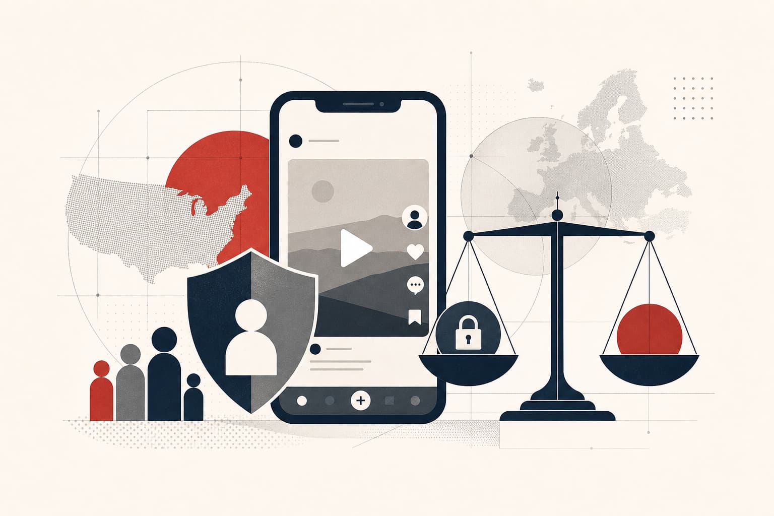 Stilisierte Smartphone-Silhouette mit einer neutralen Kurzvideo-Oberfläche; davor ein abstrahiertes Schutzschild und kleine, nicht individualisierte Nutzerfiguren.