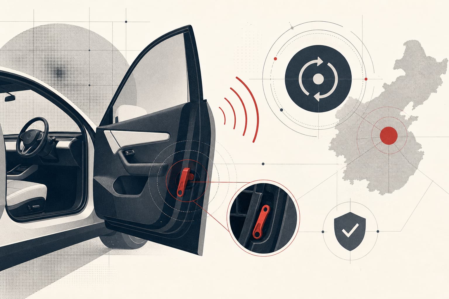 Redaktionelle Illustration eines stilisierten Elektroauto-Innenraums mit geöffneter Türsilhouette und klar hervorgehobener mechanischer Notentriegelung.