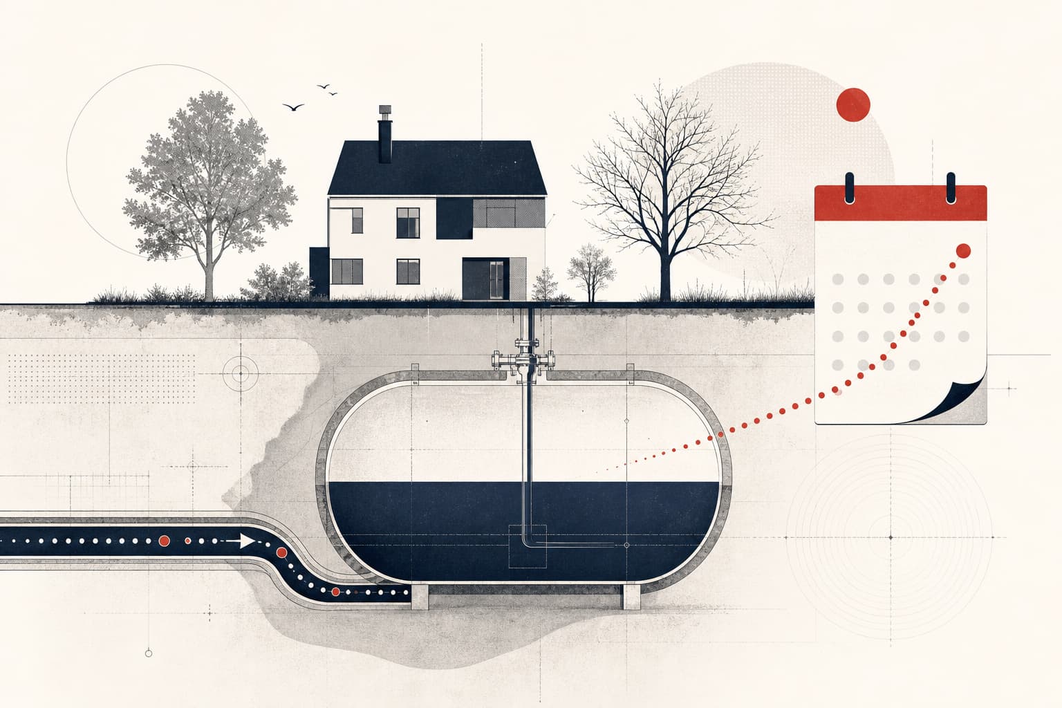 Stilisierter unterirdischer Gasspeicher als halb gefüllter, transparenter Querschnitt; darüber ein ruhiges Wohnhaus im Übergang vom Sommer zum Winter.