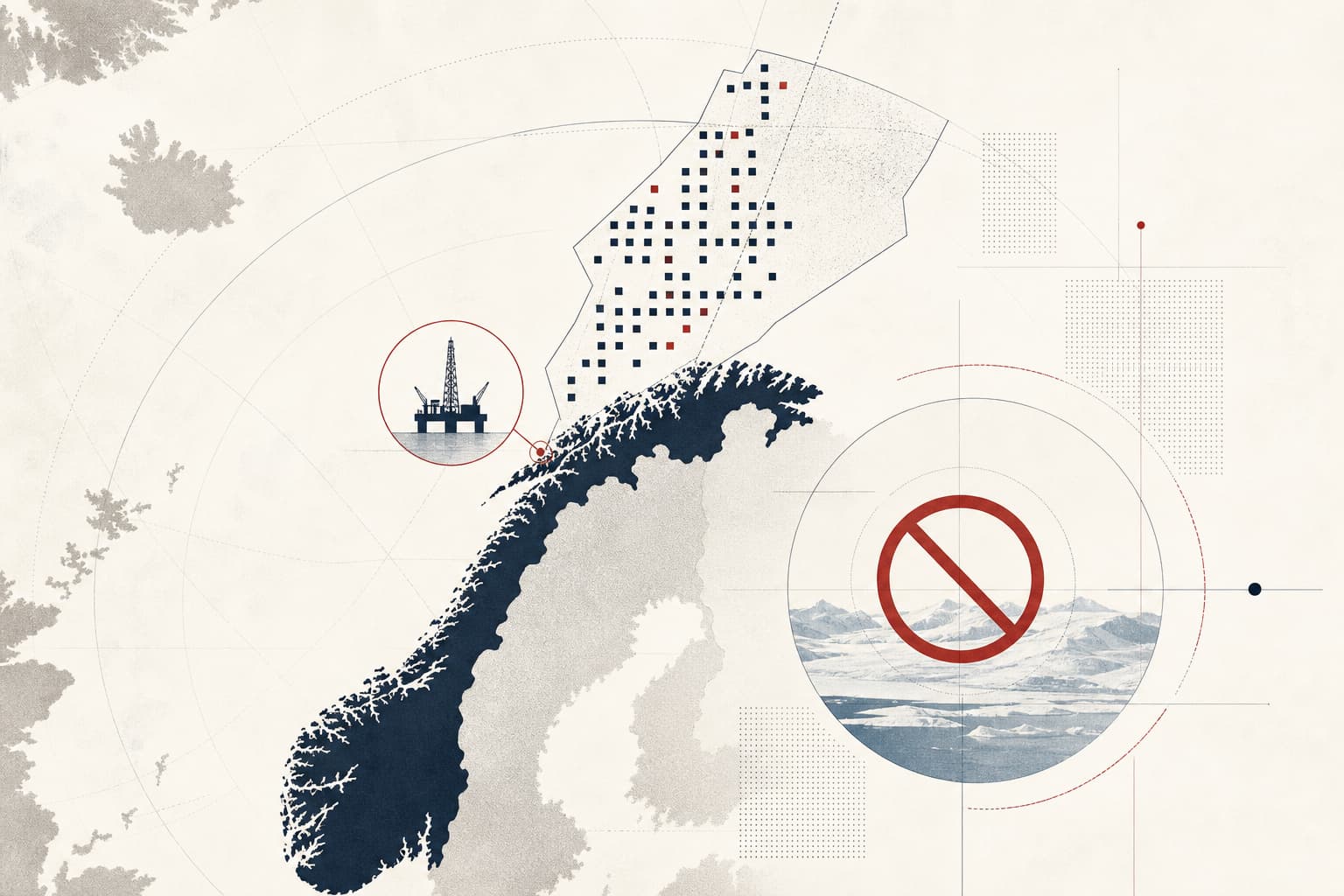 Eine sachliche, stilisierte arktische Meereskarte mit Norwegen und der Barentssee; markierte Offshore-Lizenzflächen und ein zurückhaltend dargestelltes Förderplattform-Symbol verbinden die politische Entscheidung mit der noch laufenden Lize.