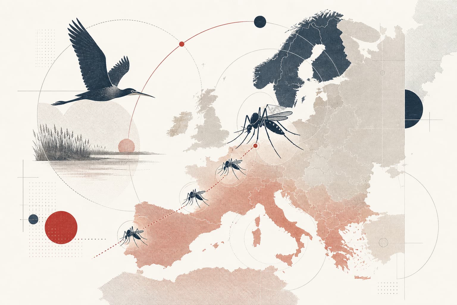 Stilisierte Europakarte in warmen Spätsommerfarben, über der mehrere abstrahierte Culex-Mücken von Südeuropa bis nach Deutschland ziehen.