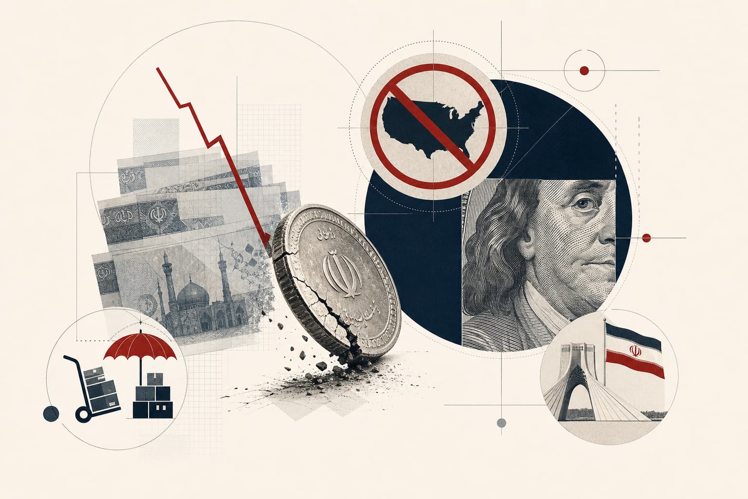 Eine fallende Rial-Münze oder stilisierte iranische Banknoten neben einer klar markierten Dollar-Anzeige mit „2,02 Mio.“; im Hintergrund eine sachlich dargestellte US-Sanktionsmarkierung.