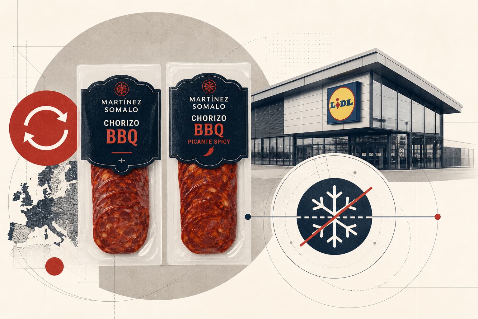 Zwei klar unterscheidbare Chorizo-Packungen mit den Produktnamen „Martínez Somalo Chorizo BBQ“ und „Martínez Somalo Chorizo BBQ Picante Spicy“ neben einem sachlichen Rückrufhinweis und einer Lidl-Filiale im Hintergrund.
