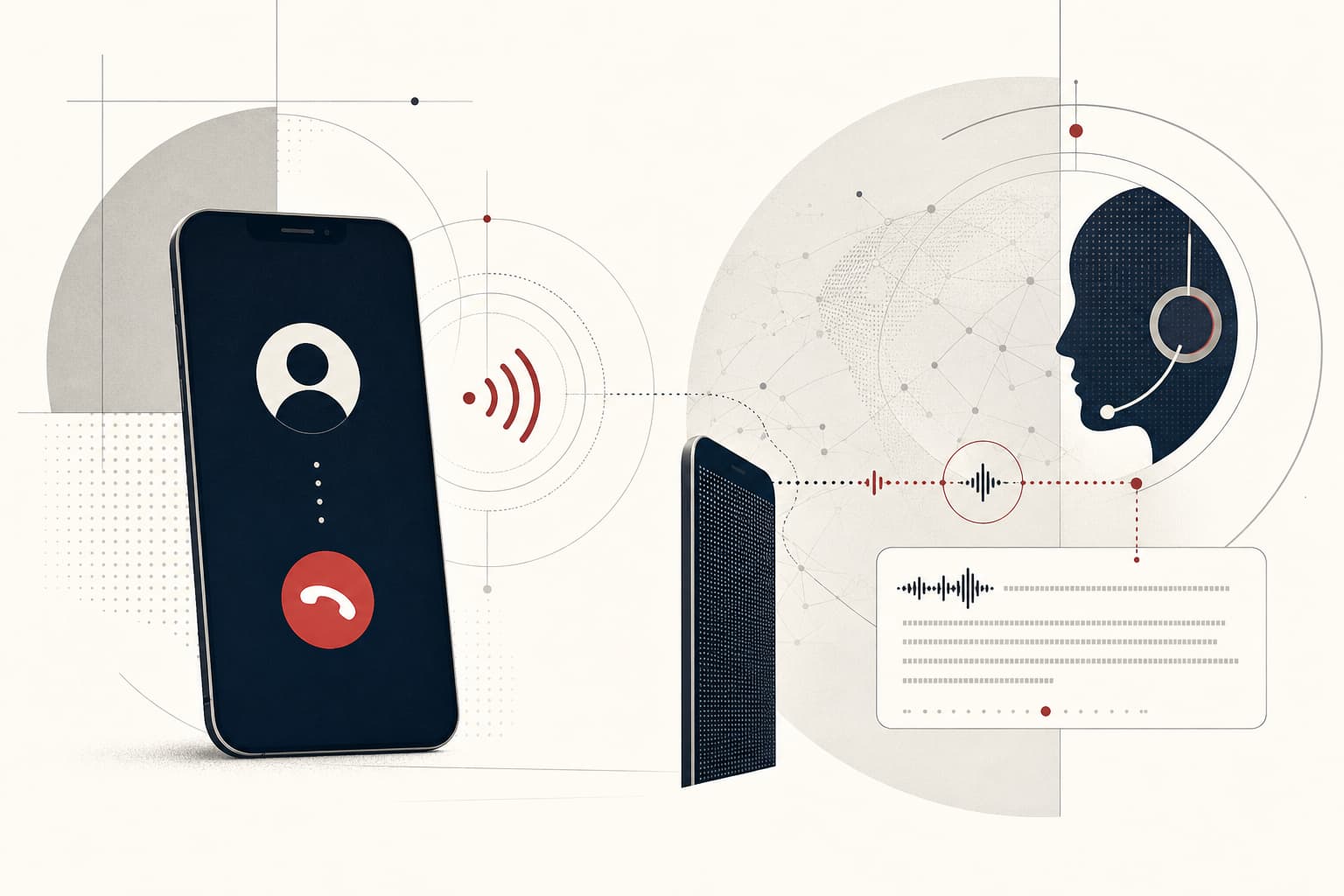 Ein Smartphone im eingehenden Anrufzustand mit sichtbarem Freizeichen beziehungsweise Klingelsymbol; eine klar getrennte, abstrahierte Audioverbindung führt zu einem digitalen Assistenten, der den Anrufer prüft.