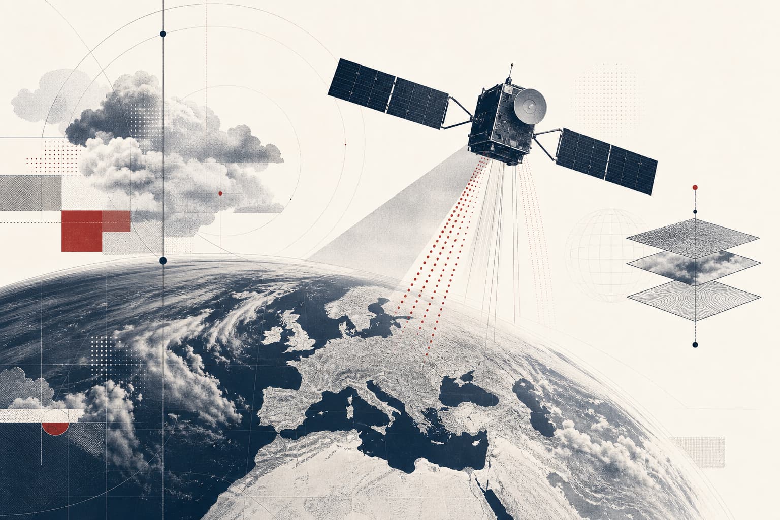 Stilisierte KI-generierte redaktionelle Illustration zum Artikel „Europas neuer Wettersatellit MTG-I2 gestartet“.