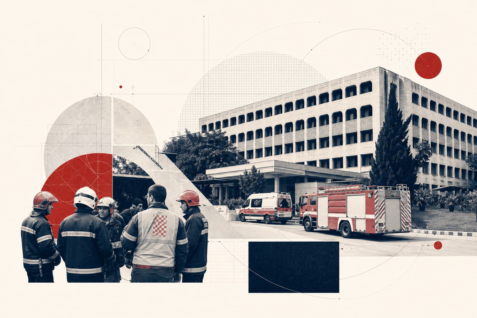 Dokumentarische Außenansicht des PIMS-Krankenhauses in Islamabad mit Einsatzfahrzeugen der Feuerwehr und Rettungsdiensten; keine sichtbaren Opfer und keine dramatisierende Darstellung.