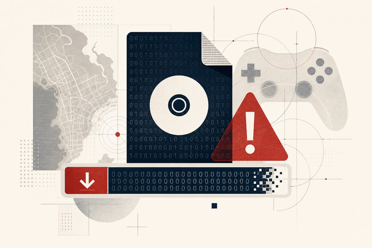 Stilisierte KI-generierte redaktionelle Illustration zum Artikel „Angeblicher GTA-VI-Build: 113-Gigabyte-Datei soll fast nur aus Nullen und Malware bestehen“.